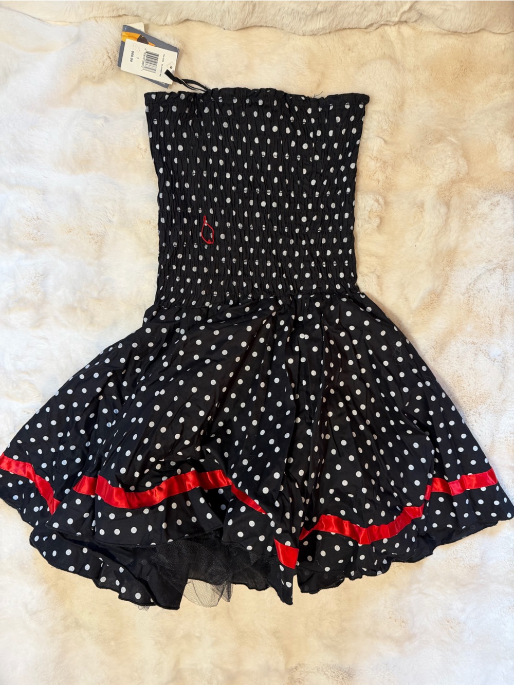 Ruby Rox Black Polka Dot Off-Shoulder dress with Red Trim